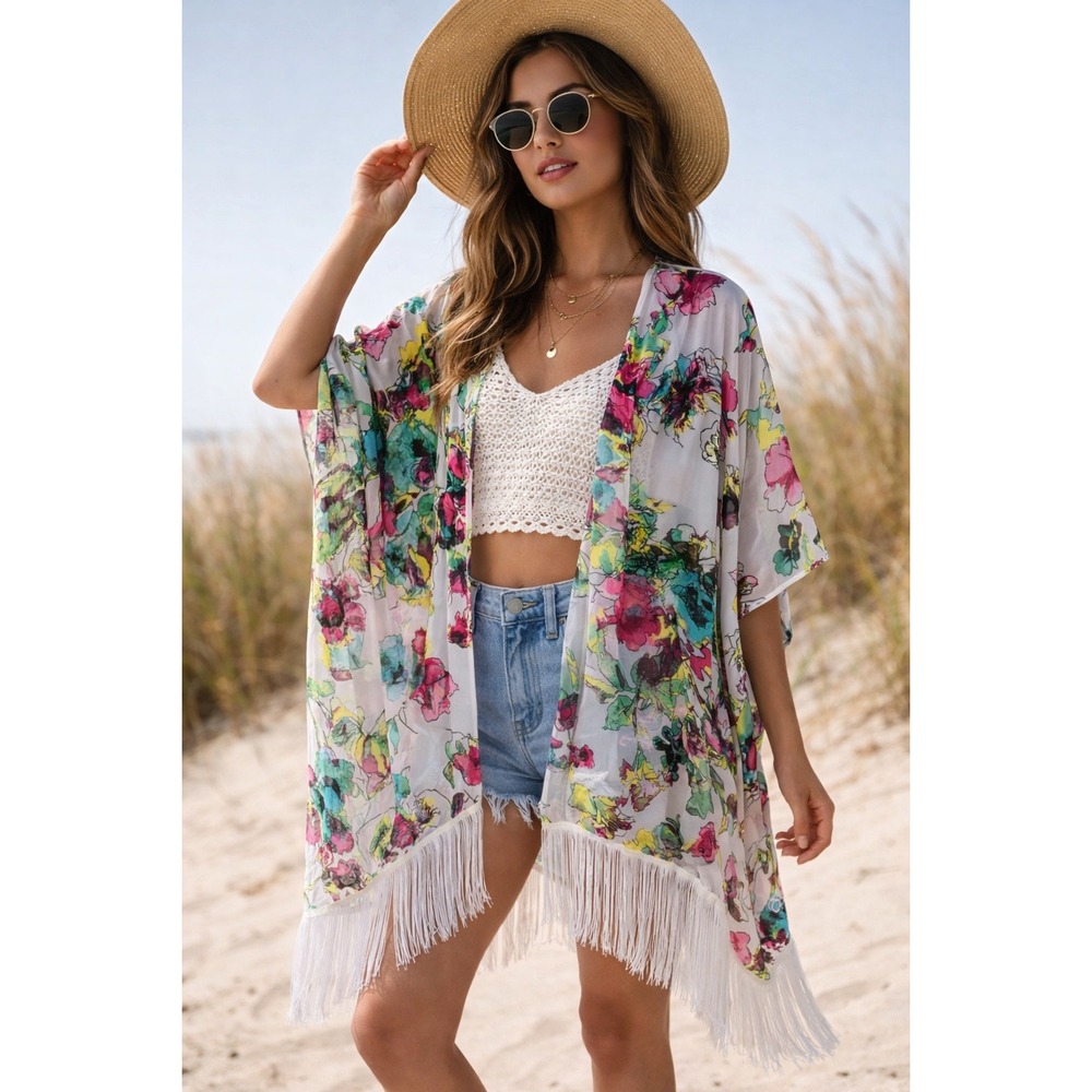 OP‎ Ocean Pacific Floral Kimono Cover Up Fringe Hem Boho Beach Sheer XL
